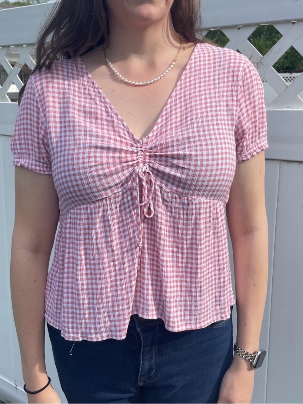 SO Pink Gingham Drawstring V-Neck Blouse